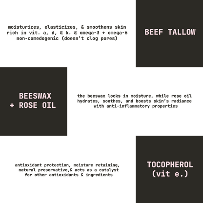 GRASS-FED BEEF TALLOW AND BEESWAX WITH ROSE OIL, A NOURISHING, HYDRATING, & MOISTURIZING FACE CREAM, BODY LOTION, SKIN CARE, AND LIP BALM